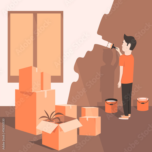 Man paints the wall at home. Cartoon style. Vector illustration