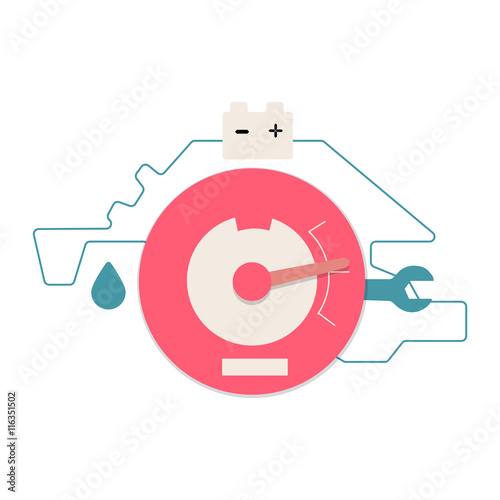 symbol battarei charge with drowsiness plus and minus, which depart from the tachometer to the line with the index, using a spanner and a drop,Web analytics or promotion vector flat icons
