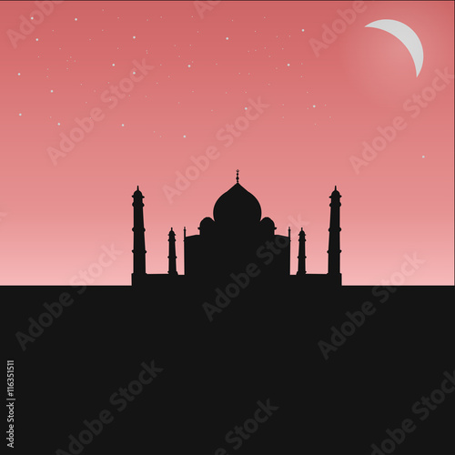 black silhouette of an Indian temple with a gentle pink sky, the moon and stars vecotor illustration, Tourist Attractions Asia