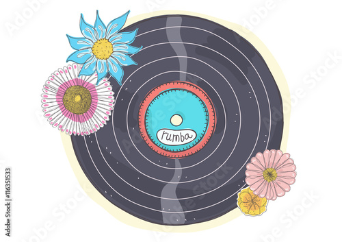 Doodle retro illustration of rumba vinyl record with flowers