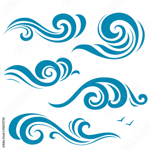 
Set of decorative blue wave silhouettes. Vector ornamental sea icon