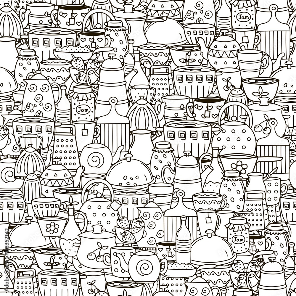 Doodle dishes seamless pattern. Black and white background