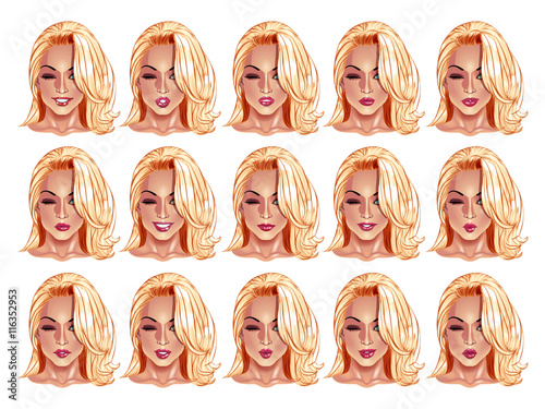 Set of beautiful blonde haired woman portraits with different lips and face expressions from smiling to serious. Use for avatars, logos, game characters, icons, signs, web decor or other design.