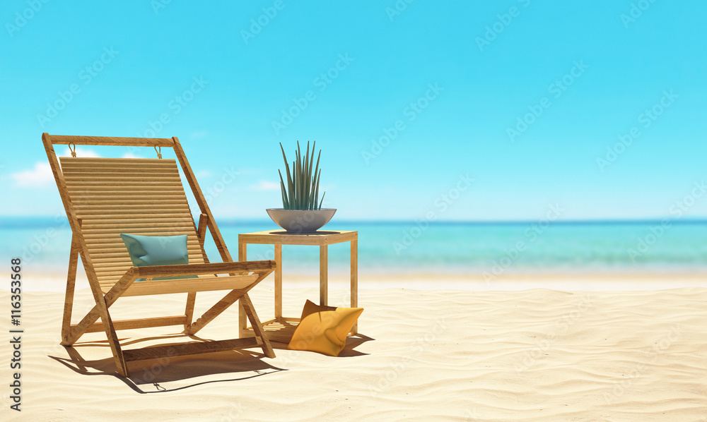 Illustrazione Stock Sedia sdraio su spiaggia con mare relax | Adobe Stock