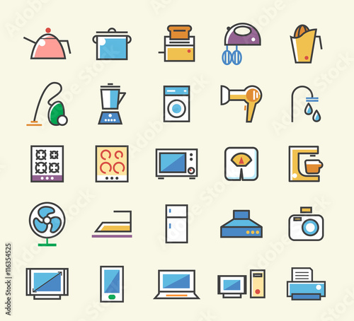 Set of 25 Minimalistic Solid Line Coloured Home Appliances Icons. Isolated Vector Elements.
