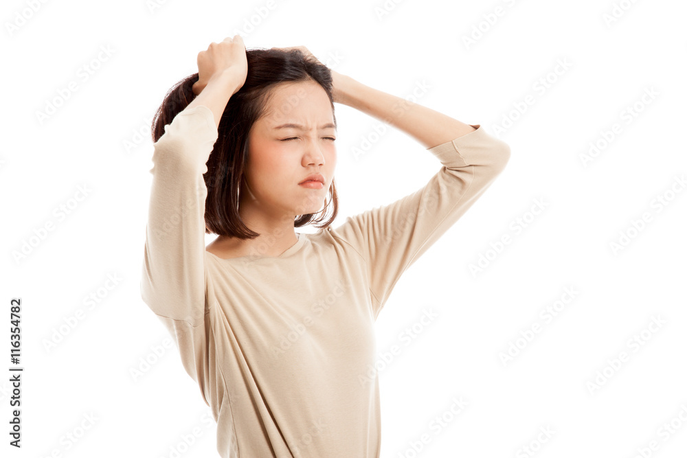 Stressed young Asian businesswoman scream out isolated on white background Stressed young Asian businesswoman scream out isolated on white background