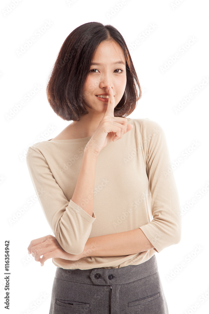 Asian girl smile show quite hand sign isolated on white background Asian girl smile show quite hand sign isolated on white background