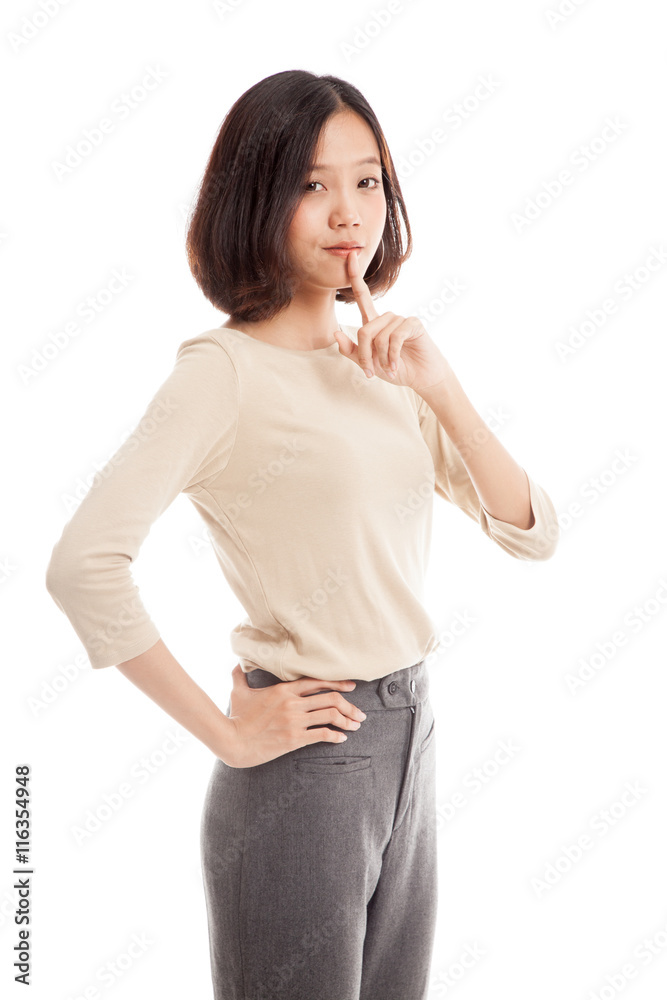 Asian girl show quite hand sign isolated on white background Asian girl show quite hand sign isolated on white background