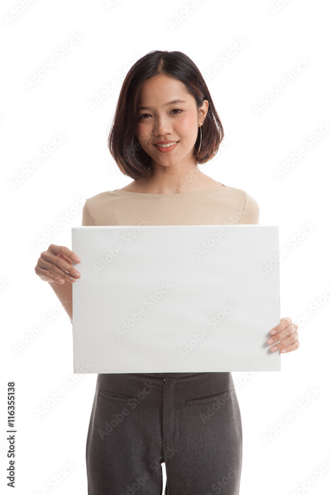 Young Asian business woman with white blank sign isolated on white background Young Asian business woman with white blank sign isolated on white background