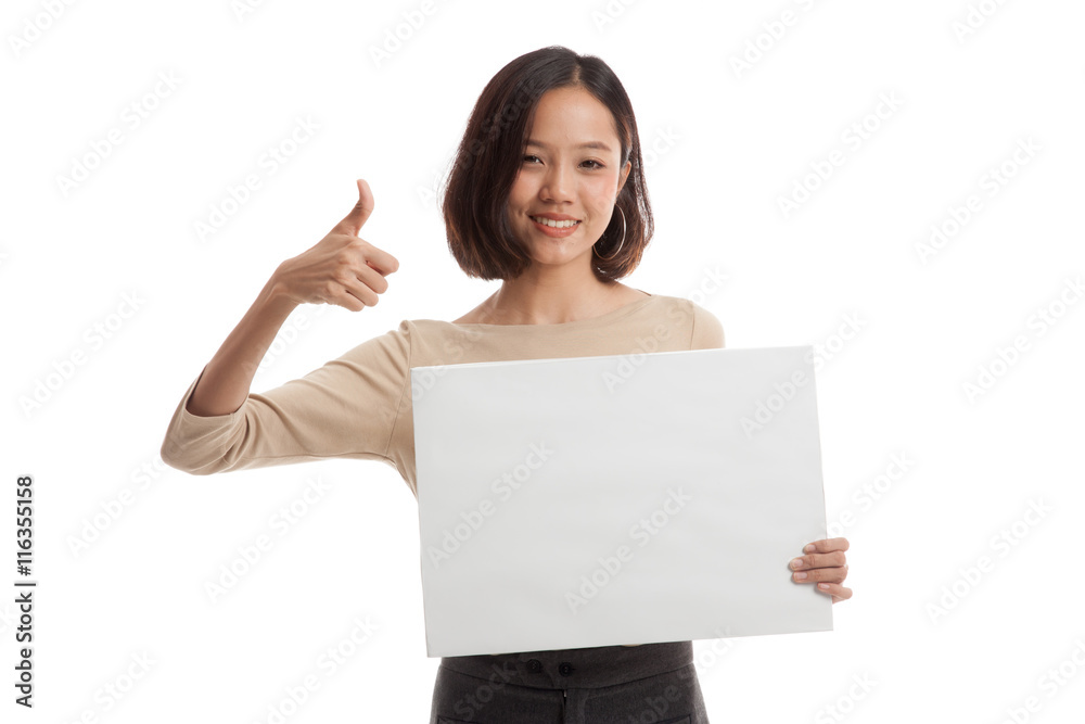 Young Asian business woman show thumbs up with white blank sign isolated on white background Young Asian business woman show thumbs up with white blank sign isolated on white background