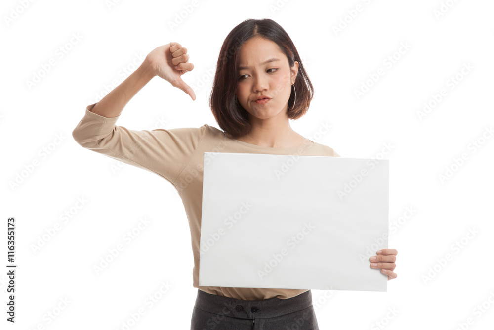 Young Asian business woman show thumbs down with white blank sign isolated on white background Young Asian business woman show thumbs down with white blank sign isolated on white background