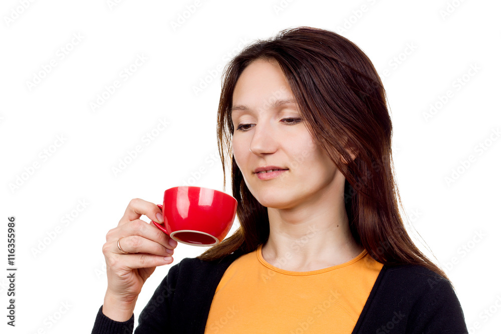 beautiful red-haired young woman with cup of tea on white backgr beautiful red-haired young woman with cup of tea on white backgr