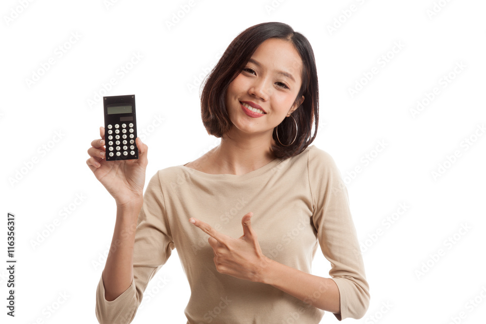 Asian business woman point to calculator isolated on white background Asian business woman point to calculator isolated on white background