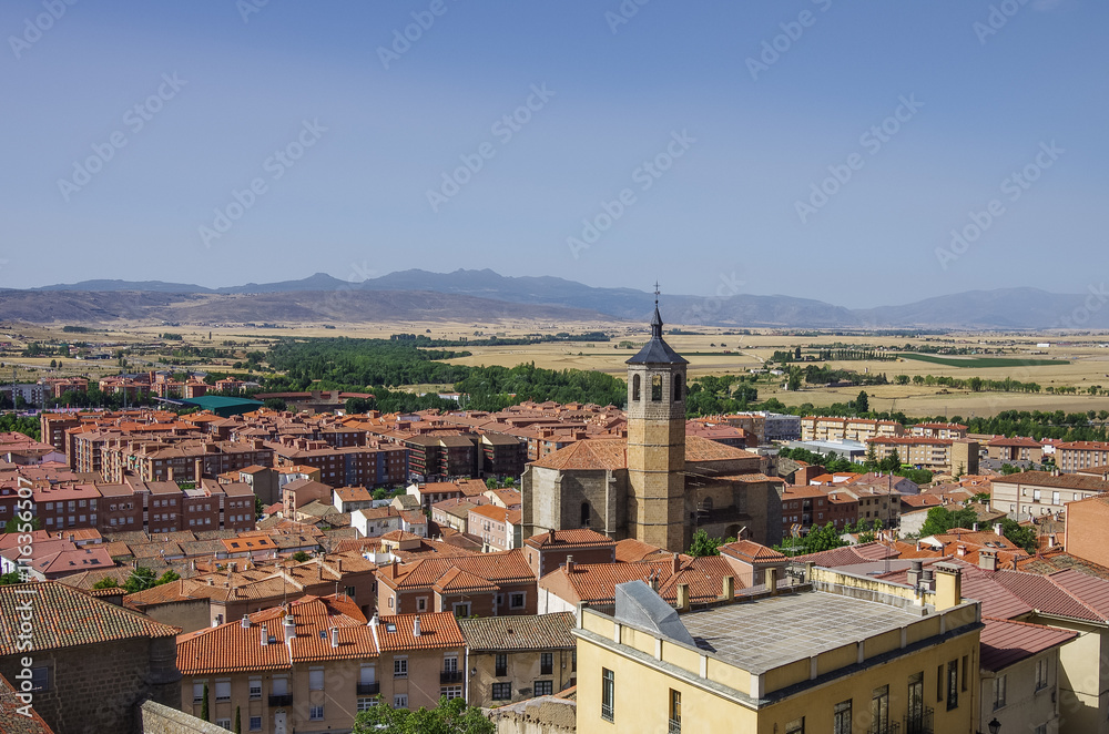 Cityscape with rooftop and Church of Santiago in the medieval old town of Avila, Spain