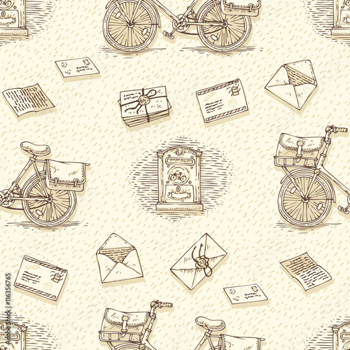 Seamless Pattern with Bicycles, Envelopes, Mailboxes and Letters