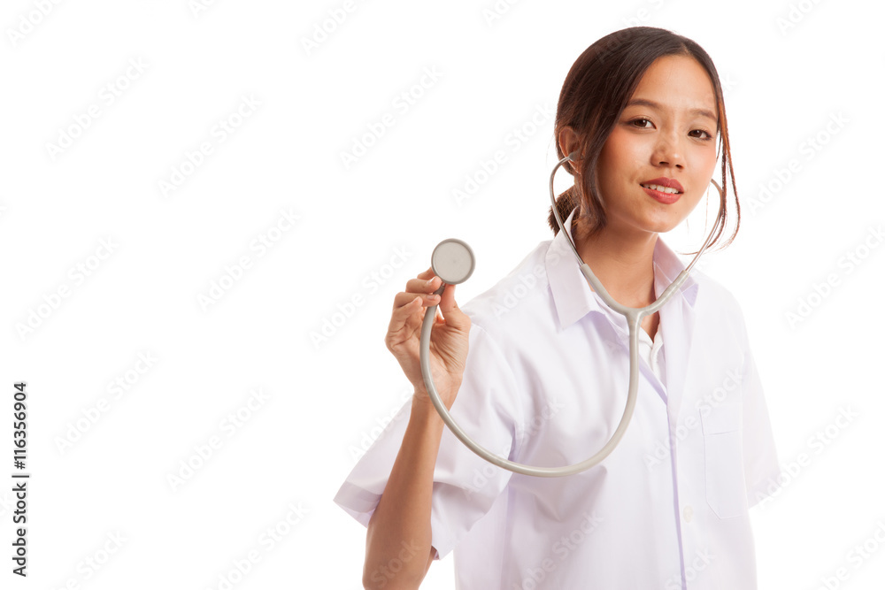 Young Asian female doctor with stethoscope isolated on white background Young Asian female doctor with stethoscope isolated on white background