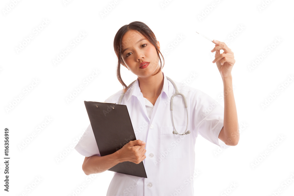 Young Asian female doctor with thermometer and clipboard isolated on white background Young Asian female doctor with thermometer and clipboard isolated on white background