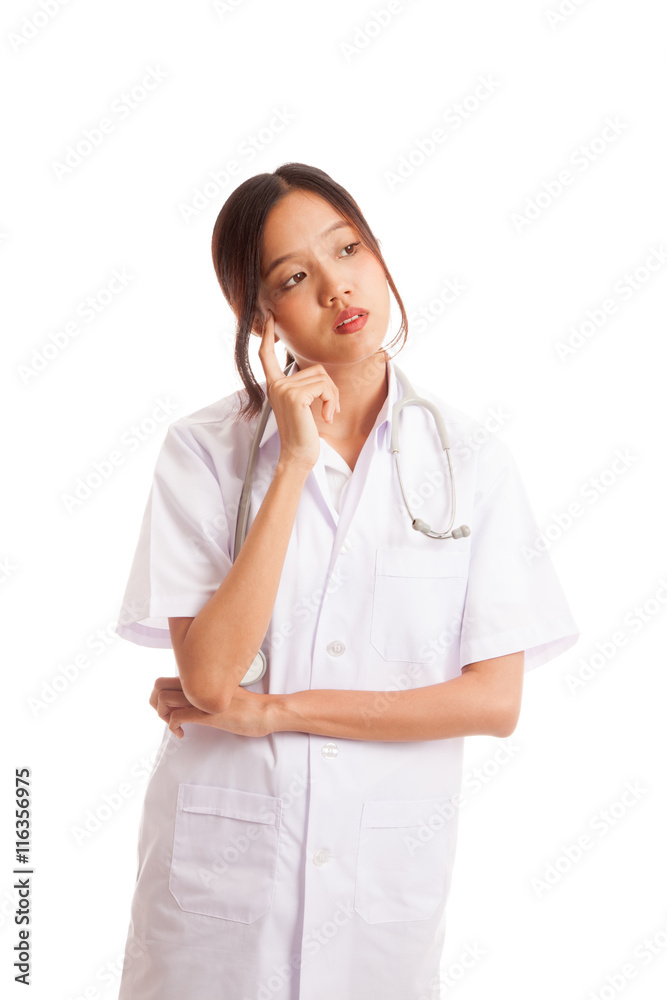 Asian young female doctor thinking looking up  isolated on white background