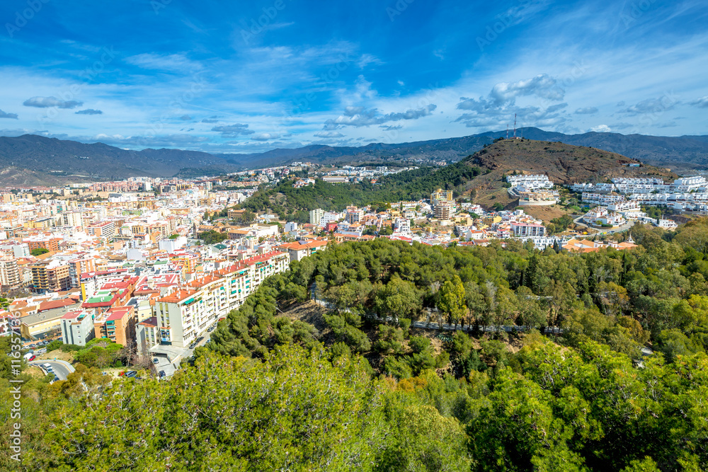 Panoramic view of Malaga city from El castillo de Gibralfaro or Alcazar, a Spanish fortress in Andalusia.