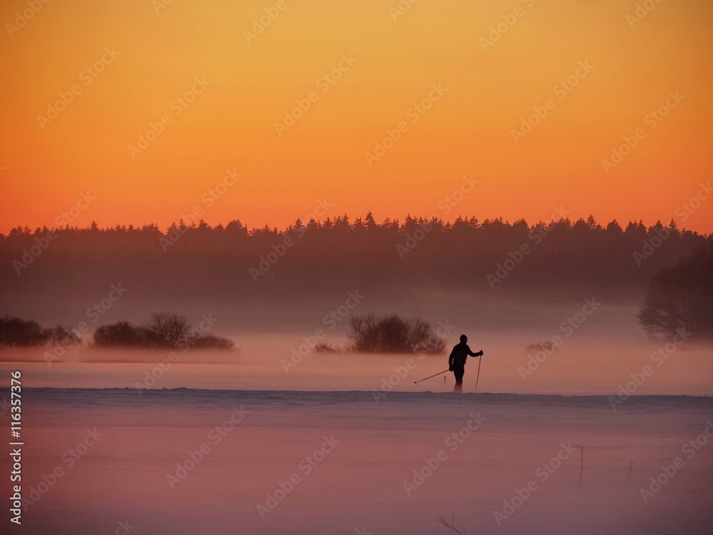 Skier walking against of beautiful sunset