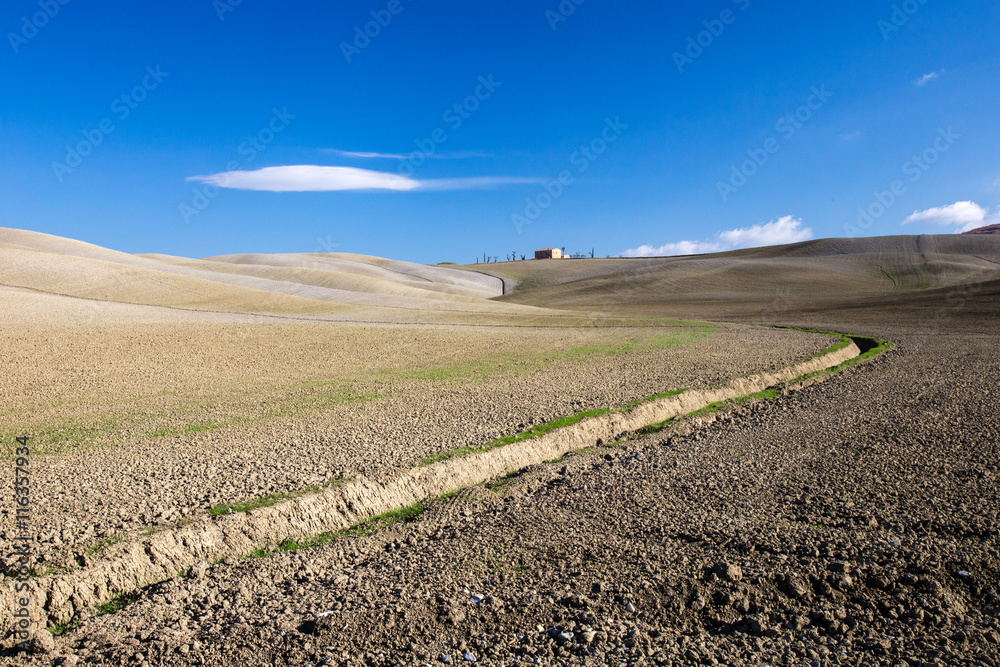 Tuscany field with Earth Furrow in curved lines and Farmhouse Tuscany field with Earth Furrow in curved lines and Farmhouse