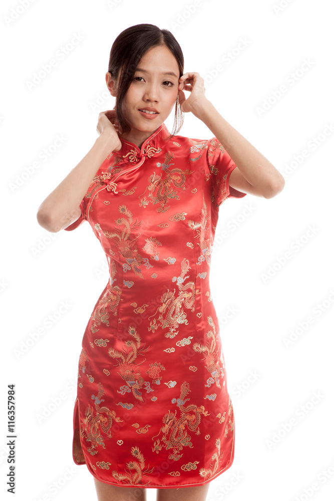 Asian girl in chinese cheongsam dress isolated on white background Asian girl in chinese cheongsam dress isolated on white background