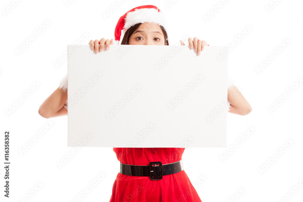 Asian Christmas Santa Claus girl with blank sign isolated on white background Asian Christmas Santa Claus girl with blank sign isolated on white background