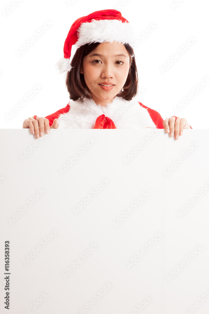 Asian Christmas Santa Claus girl with blank sign isolated on white background Asian Christmas Santa Claus girl with blank sign isolated on white background