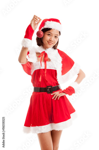 Asian Christmas Santa Claus girl with bauble ball isolated on white background