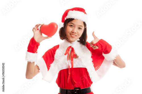 Asian Christmas Santa Claus girl l thumbs up with  red heart  isolated on white background
