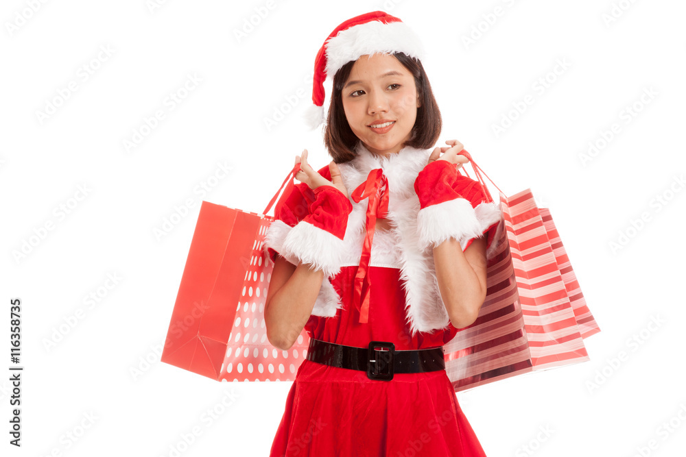 Asian Christmas Santa Claus girl with shopping bags Asian Christmas Santa Claus girl with shopping bags