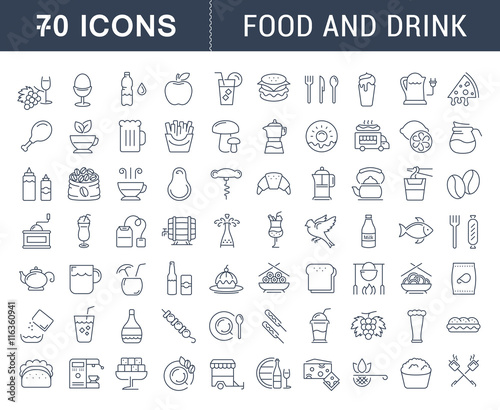 Set Vector Flat Line Icons Drinks and Food