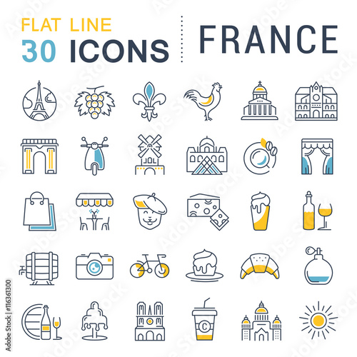 Set Vector Flat Line Icons France and Paris