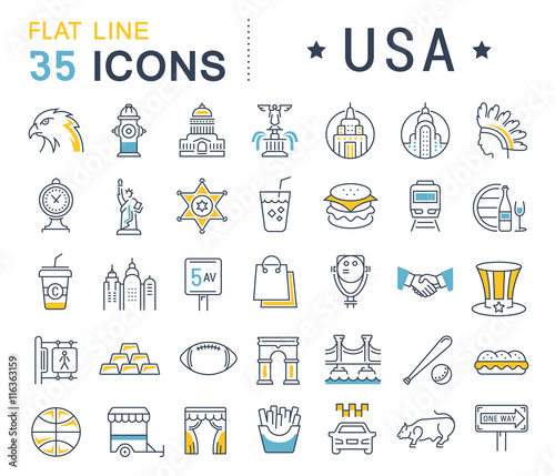 Set Vector Flat Line Icons USA and America photo