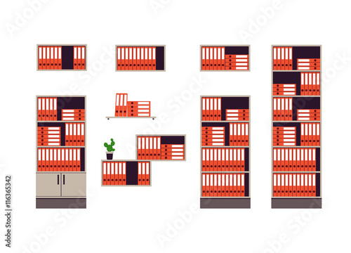 Set of office furniture. Cabinets and shelves for storage of documents isolated on white background. Red folders are in order. Flat style. Vector