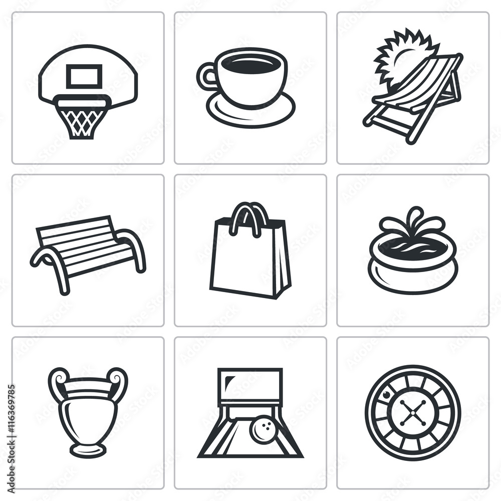 Vector Set of Recreation and Entertainment Icons. Sport, Food, Tourism, Stroll, Shopping, Park, Art, Bowling, Casino. Vector Set of Recreation and Entertainment Icons. Sport, Food, Tourism, Stroll, Shopping, Park, Art, Bowling, Casino.