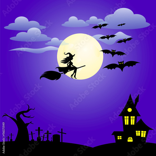 Silhouette bat with Halloween witch and full moon