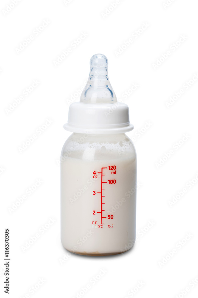 Baby bottle with milk for boy. Isolated on white background