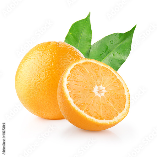 Isolated fresh oranges on white background. Citrus tropical fruit. One, a half and a segment. Healthy juicy snack. photo