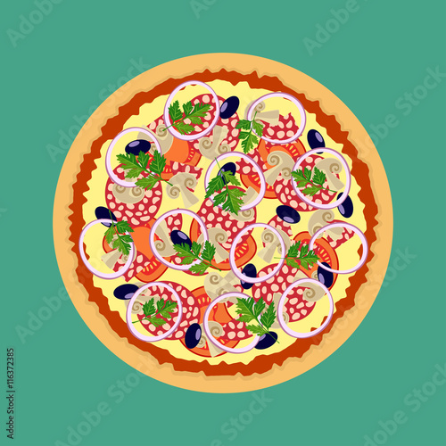 Pizza. Tomatoes mushrooms onions and olives