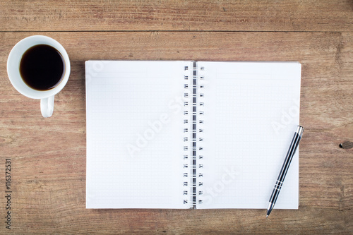Blank open notebook with coffee cup, Business template mock up f