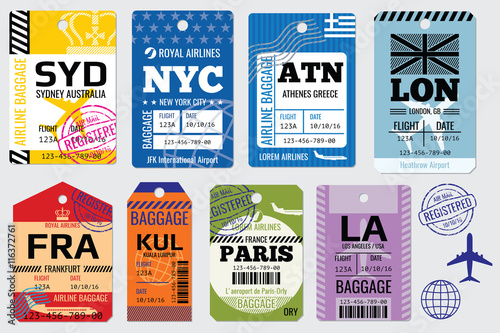 Retro baggage tags and travel tags vector stock. Illustration set of tag for baggage photo