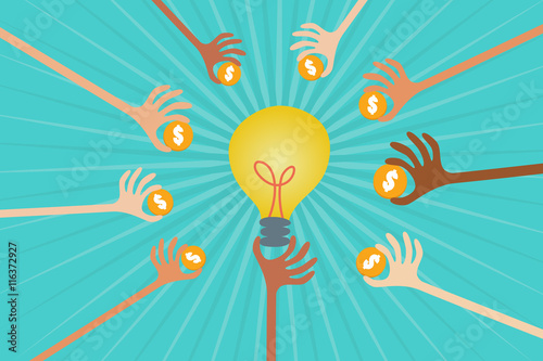 Crowdfunding concept with hands holding money to give their support around light bulb idea.