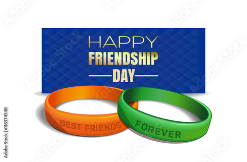 International Friendship Day design. Yellow and green wristbands with text Best Friends Forever on the background of a blue greeting card. Vector illustration