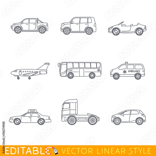 Transportation icon set include Ambulance Semi truck Taxi Business jet Pickup Crossover Bus Minivan and Cabriolet. Editable vector graphic in linear style.