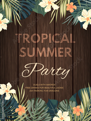 Bright hawaiian design with tropical plants and hibiscus flowers