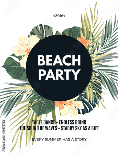 Bright hawaiian design with tropical plants and hibiscus flowers