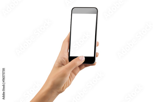 Female hand holding black cellphone with white screen isolated