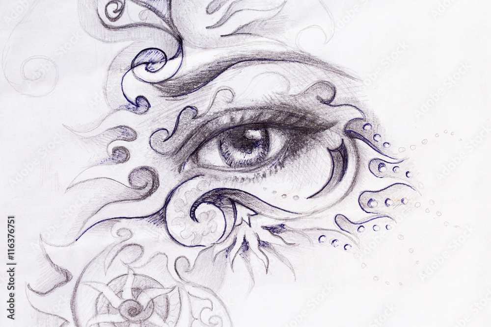 woman eye with ornament, pencil drawing, eye contact.