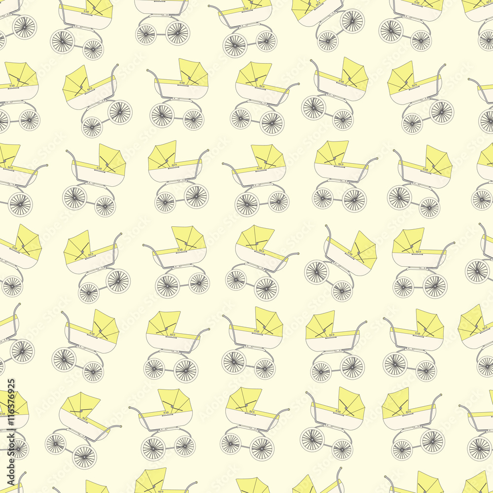 Background yellow cartoon children's stroller for a newborn baby. Background yellow cartoon children's stroller for a newborn baby.